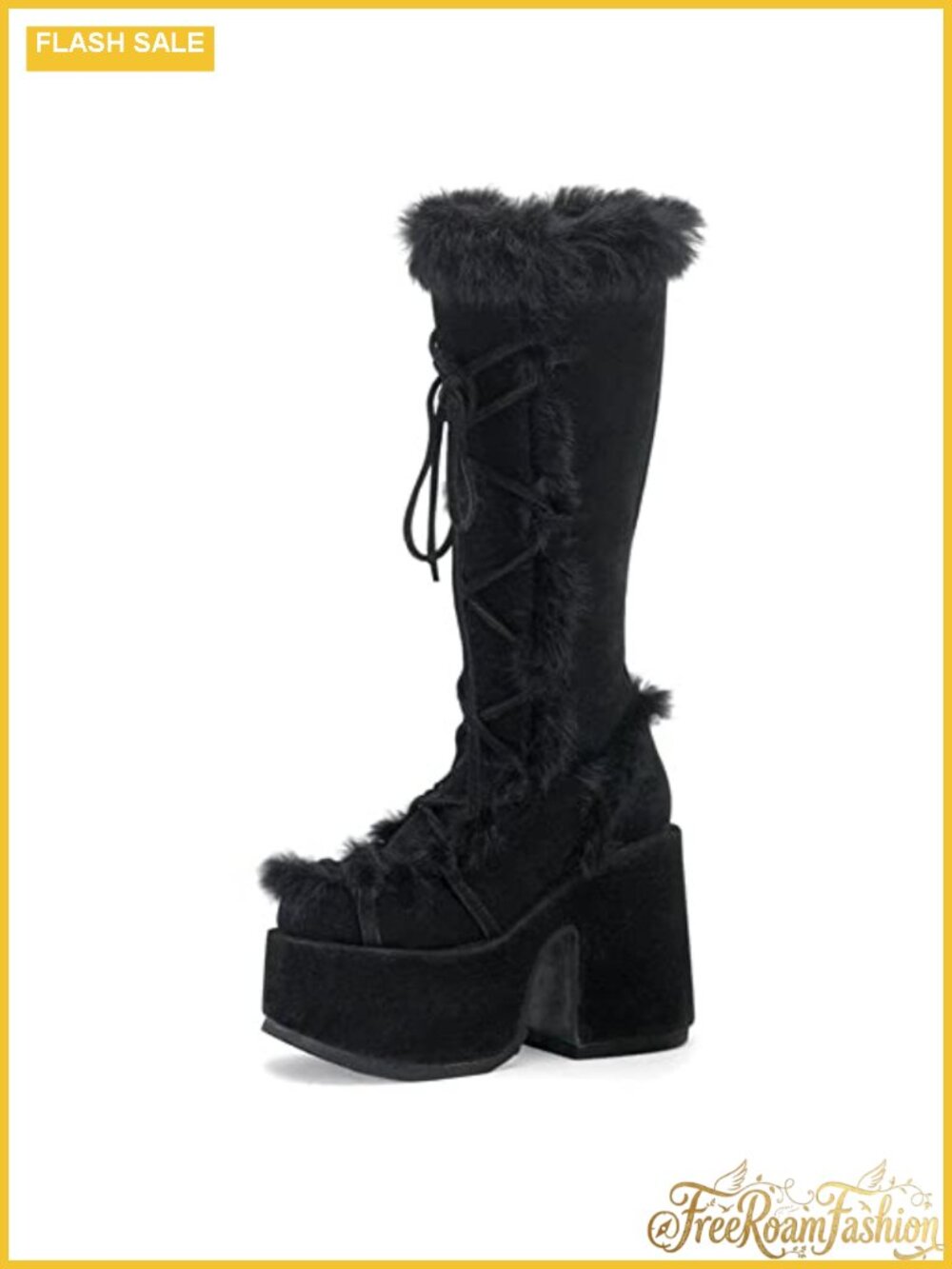 Platform Knee High Boots Faux Fur Block Heel Winter Shoes